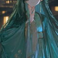 other - 第四张：
other
少女在夜色下的全景站姿。她身着飘逸的青绿色长裙，裙摆飞扬。她左手托腮，右手比出类似“V”的手势，闭起一只眼微笑着。背景是亮着灯火的亭台楼阁